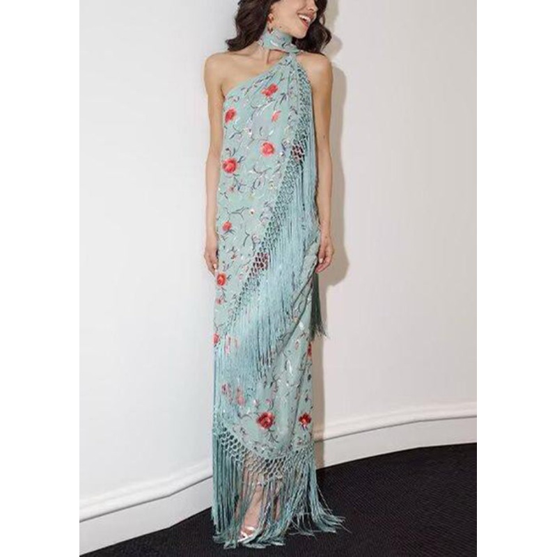 Vogue Green Asymmetrical Tasseled Print Cotton Maxi Dresses Sleeveless