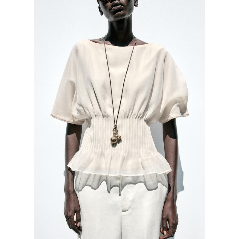 Women Beige Wrinkled Tulle Patchwork Cotton Knit T Shirts Summer