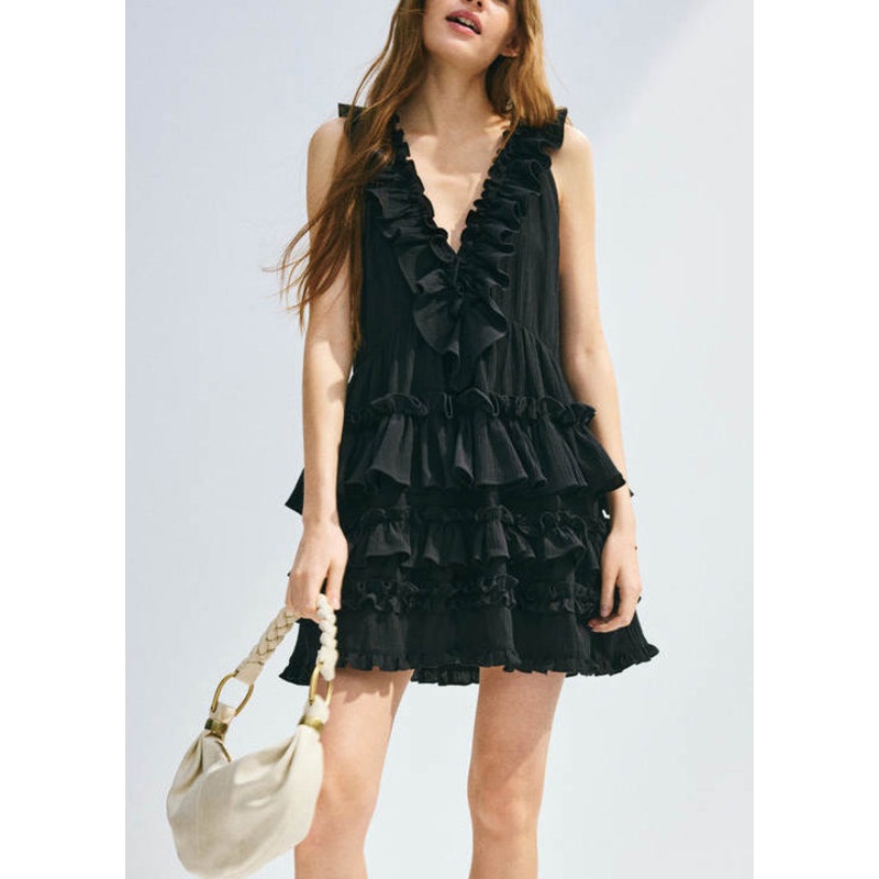 Women Black V Neck Ruffled Patchwork Cotton Dress Sleeveless
