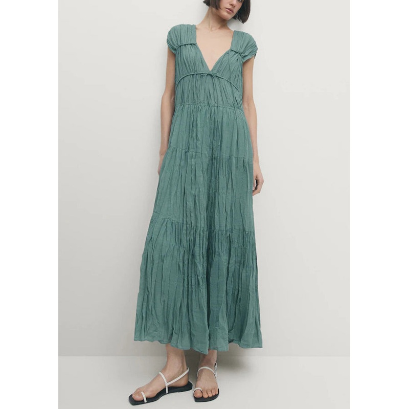 Women Blue V Neck Wrinkled Lace Up Cotton Long Dresses Summer