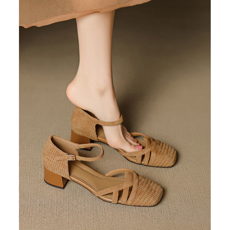 Women Buckle Strap Splicing Chunky Sandals Caramel Suede