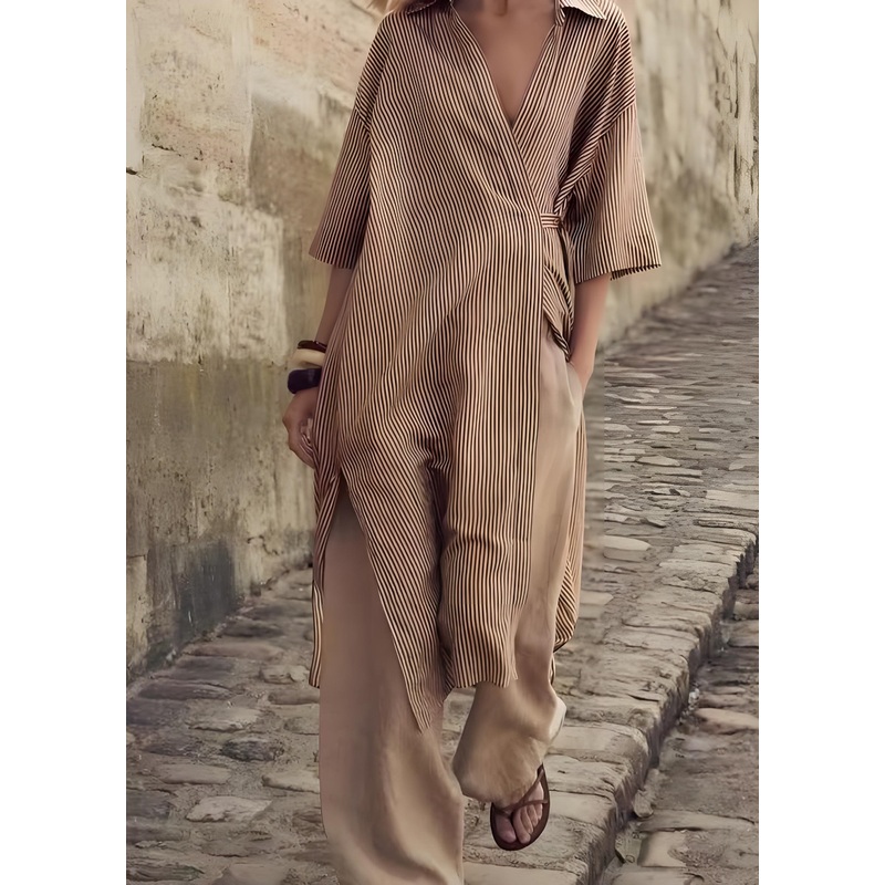 Women Peter Pan Collar Striped Cotton Shirts Dress Summer