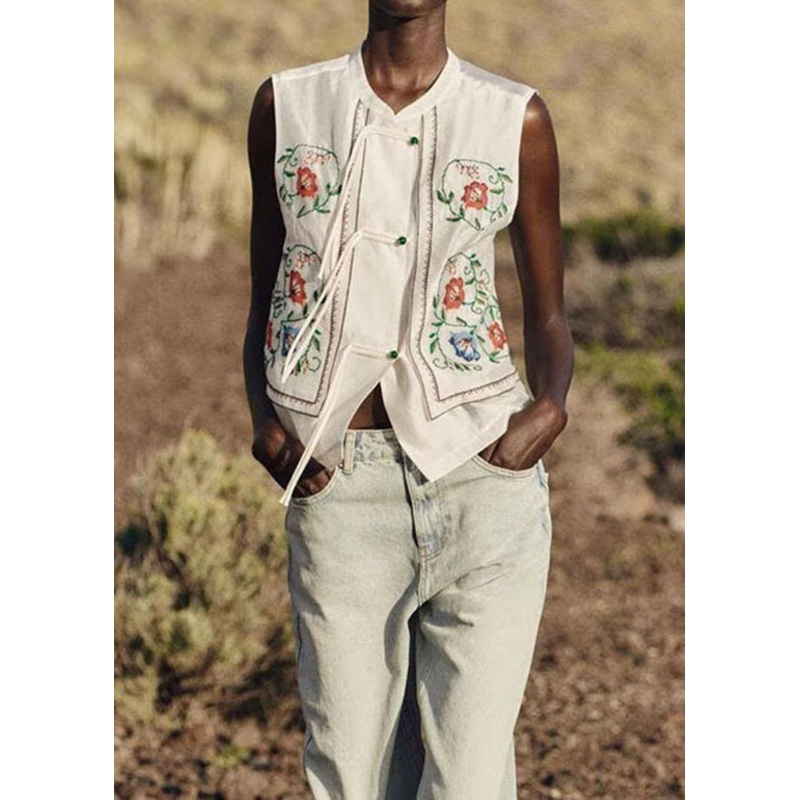 Women White Embroidered Tassel Cotton Top Sleeveless