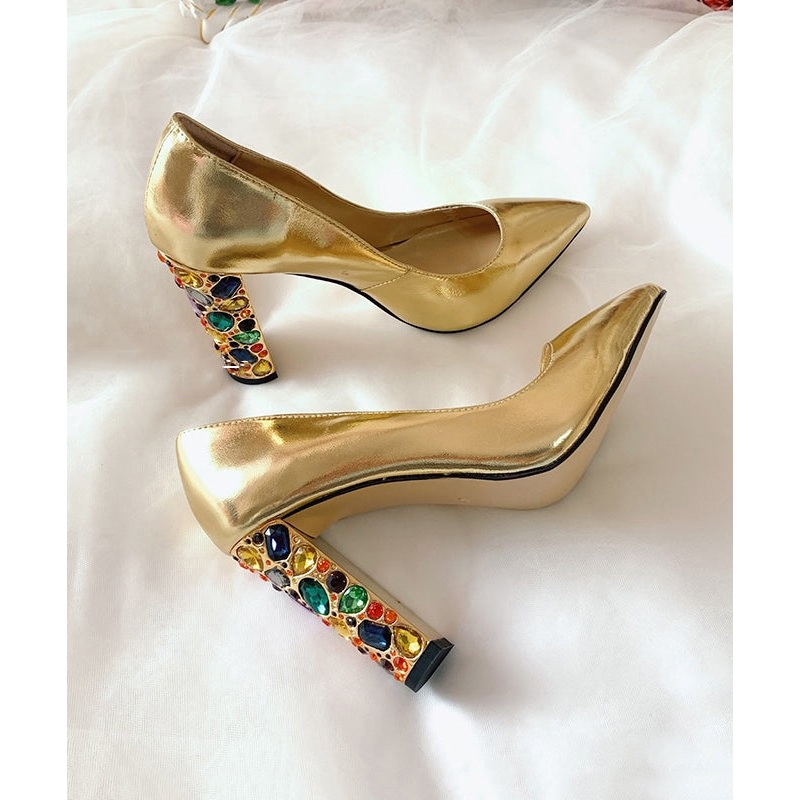 2025 New Zircon Gold Pointed High Heels Cowhide Leather