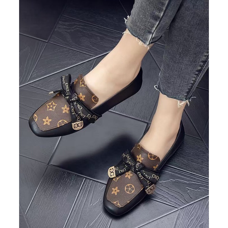 Brown Faux Leather Bow Splicing Penny Loafers