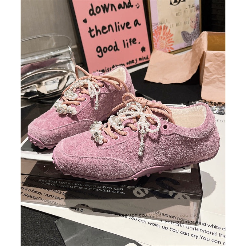 Chic Splicing Flats Purple Suede Lace Up Pearl Zircon