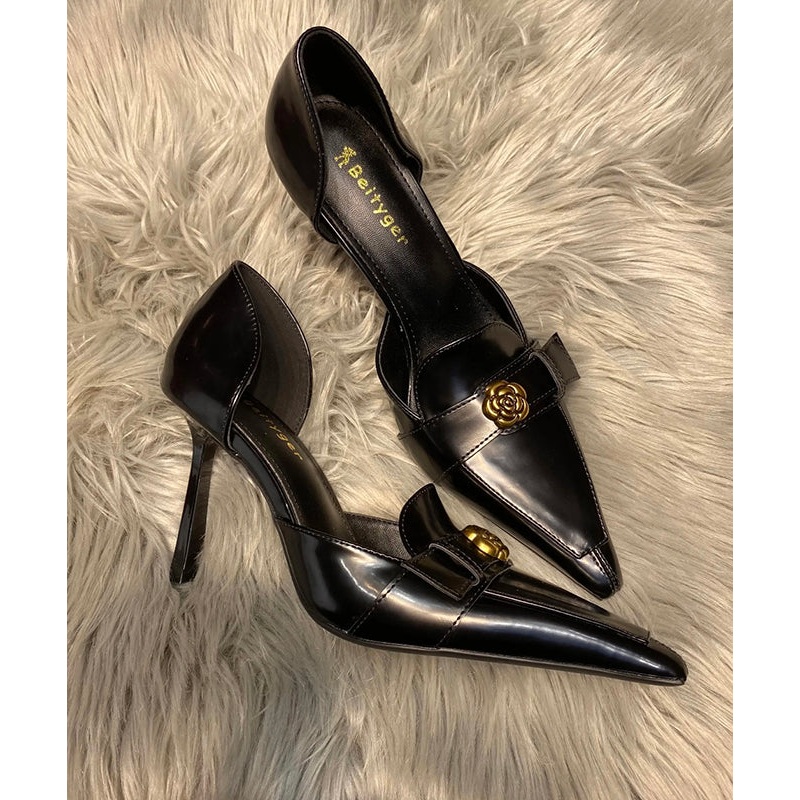 Fine Splicing Stiletto High Heels Black Sheepskin Pointed Toe