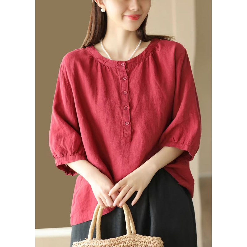 Simple Red O Neck Button Cotton Shirts Bracelet Sleeve