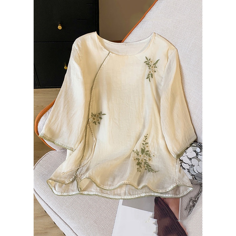 Apricot Button Tasseled Cotton Shirt Embroidered Spring