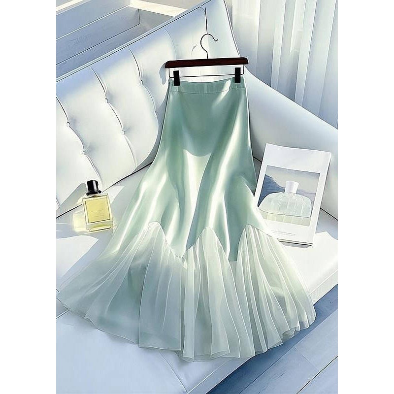 Art Light Green High Waist Tulle Patchwork Silk Maxi Skirt Summer