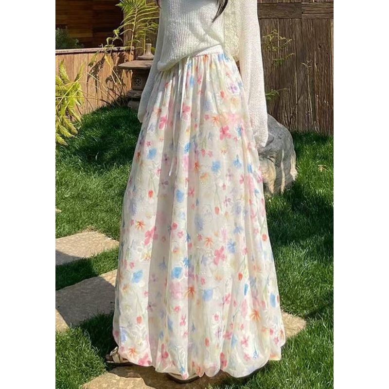 Art Print Lace Up Elastic Waist Chiffon Skirts Summer