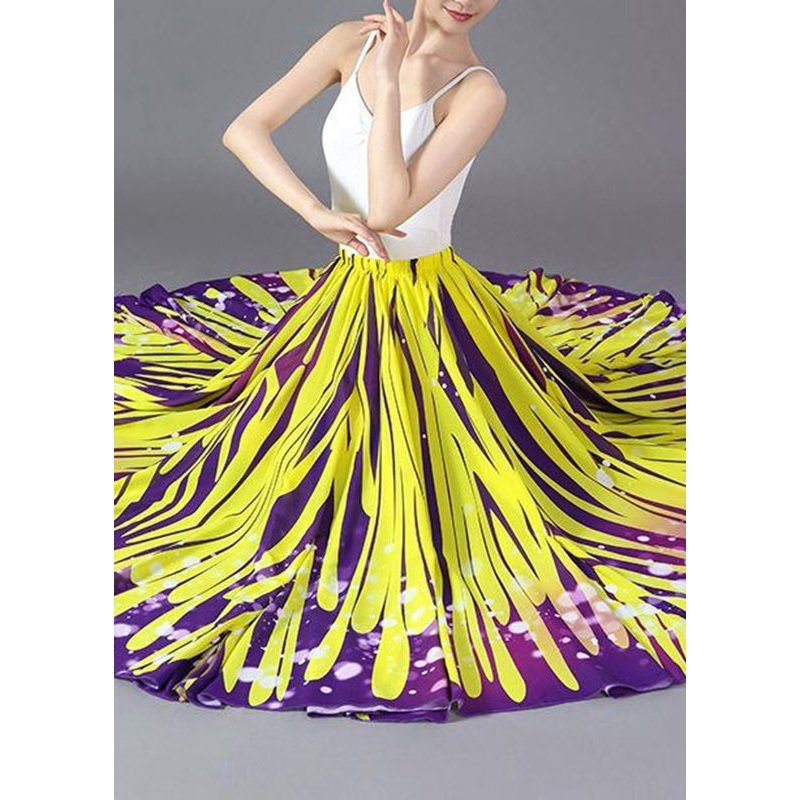 Beautiful Yellow Striped Elastic Waist Chiffon A Line Skirts Summer
