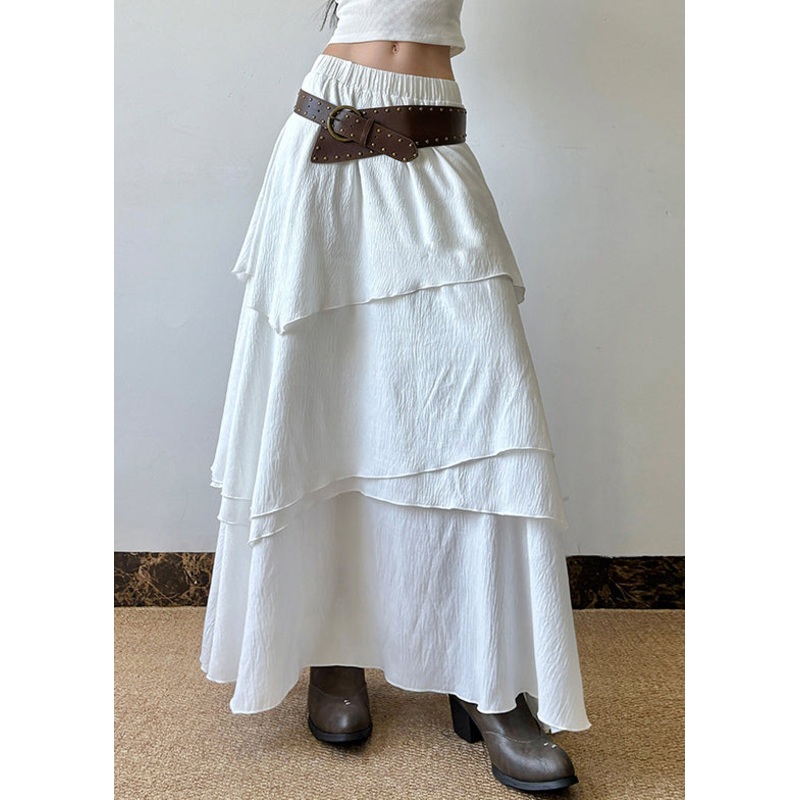 Bohemian White Layered Solid Elastic Waist Cotton Skirts Summer