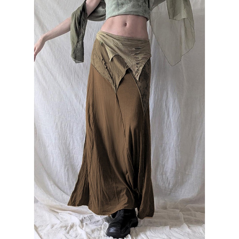 Brown Side Open Patchwork Cotton Summer Skirt Elastic Waist