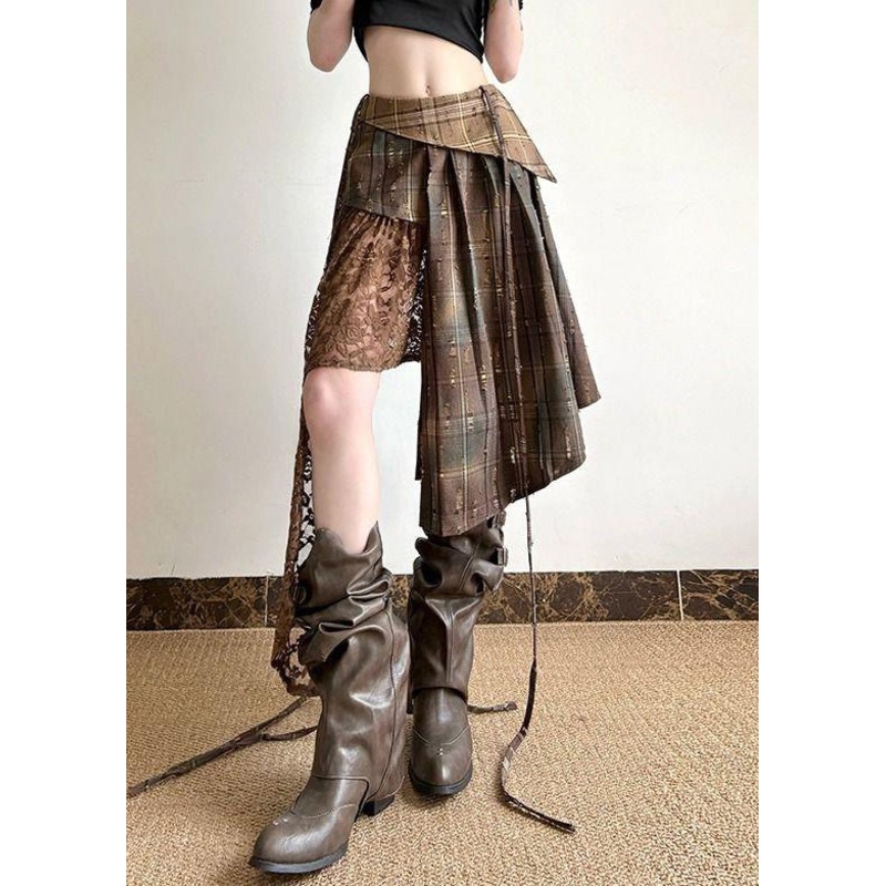 Chic Plaid Asymmetrical Lace Patchwork Cotton Skirt Summer