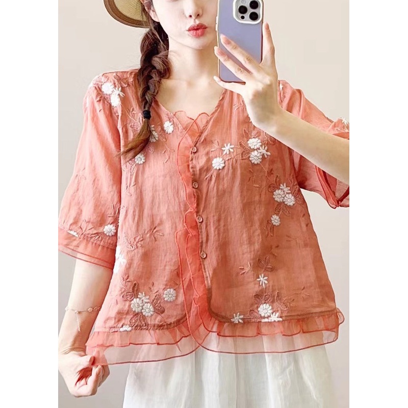 Chinese Style Orange Embroidered Ruffled Linen Blouses Half Sleeve