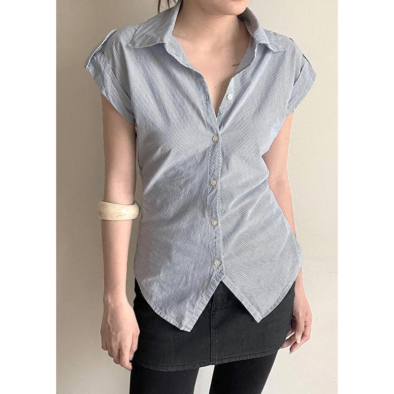 Classy Striped Peter Pan Collar Button Cotton Blouses Summer