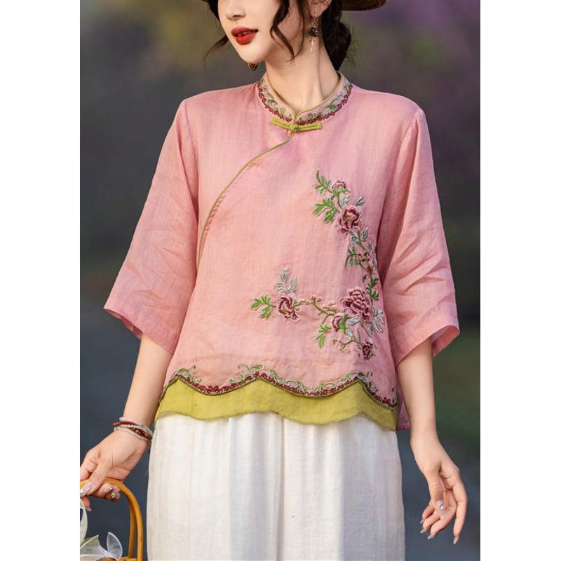 Elegant Pink Embroidered Button Linen Shirt Bracelet Sleeve
