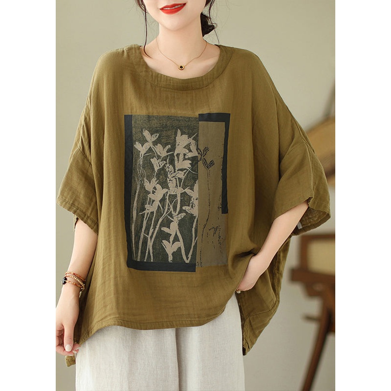 Green Low High Design Cotton t Shirts Top O Neck Batwing Sleeve
