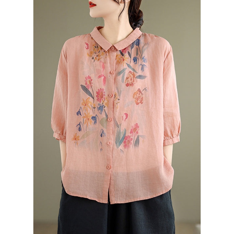 Loose Pink Print Button Linen Blouses Half Sleeve