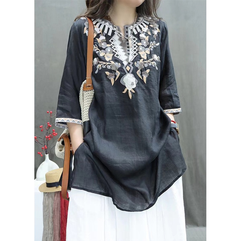 New Black Embroidered Side Open Linen Shirts Half Sleeve