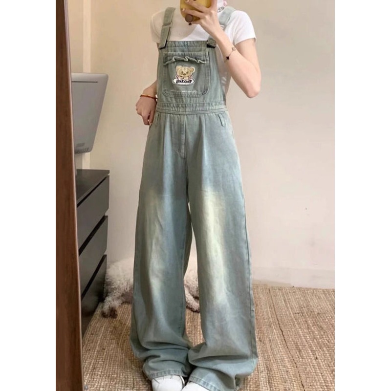 New Blue Embroidered Pockets Denim Jumpsuit Sleeveless