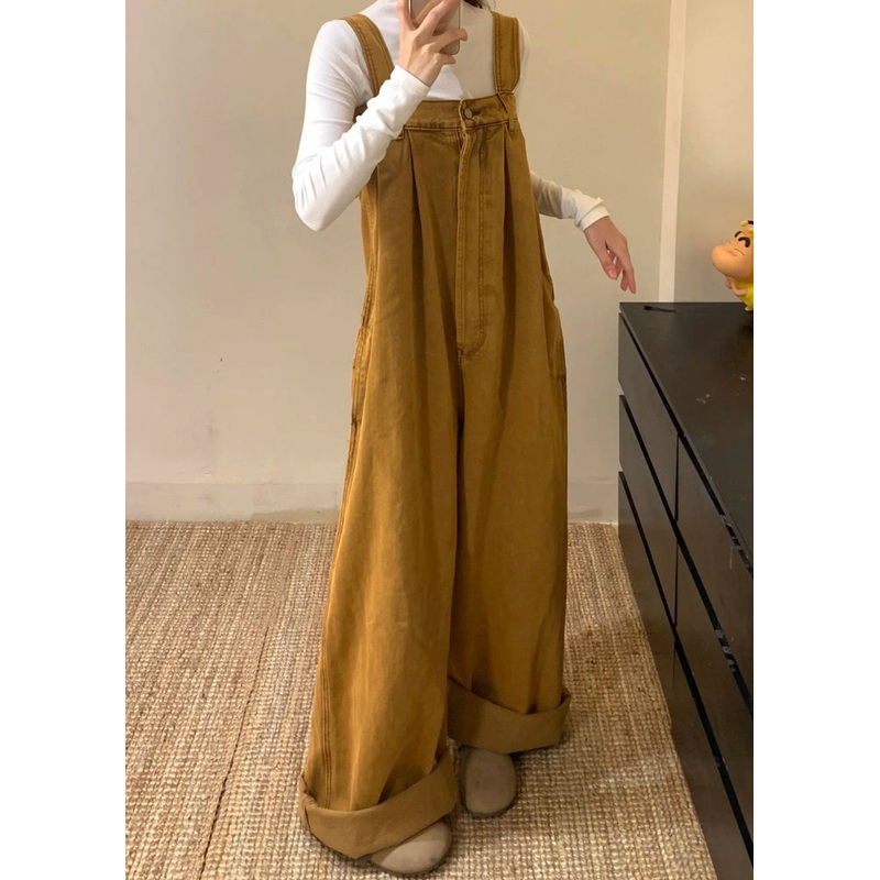 New Brown Button Solid Denim Jumpsuits Sleeveless