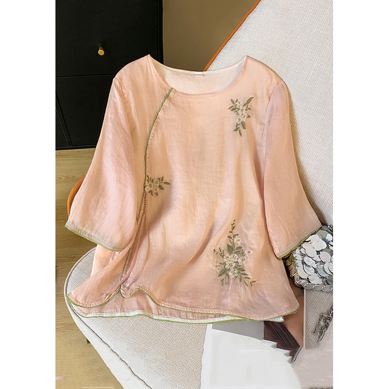 New Pink O Neck Embroidered Cotton Blouses Bracelet Sleeve
