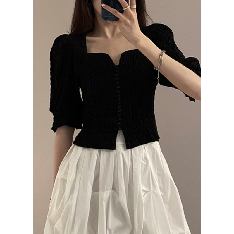 Novelty Black Square Collar Shirts Half Sleeve