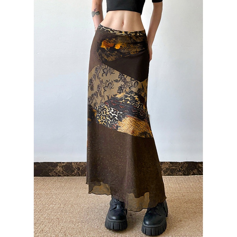 Retro Brown Print High Waist Patchwork Tulle Skirt Summer