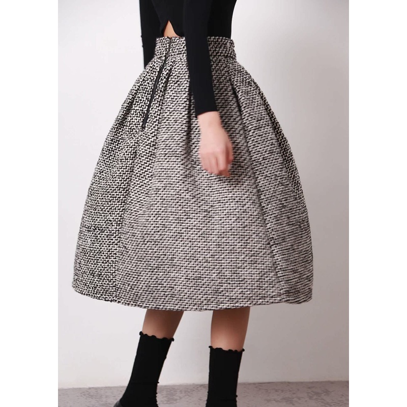 Simple Black White Plaid High Waist Woolen A Line Skirts Spring