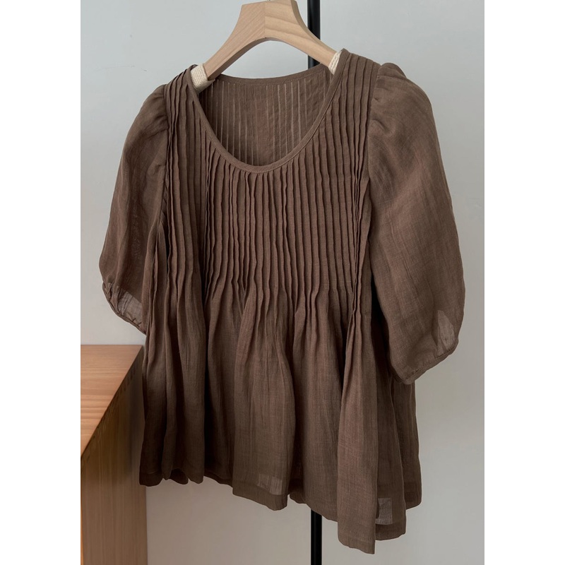 Simple Coffee O Neck Wrinkled Linen Shirt Half Sleeve