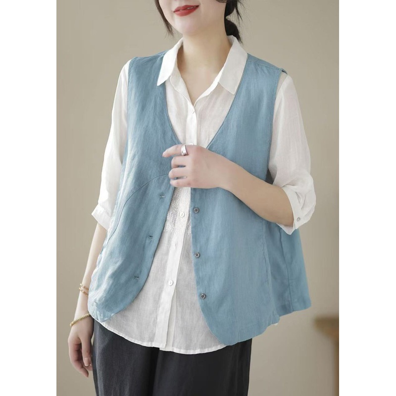 Simple Sky Blue V Neck Button Cotton Waistcoat Sleeveless
