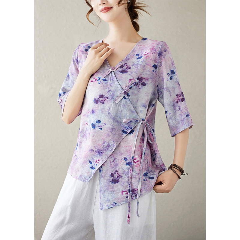 Stylish Purple V Neck Print Lace Up Cotton Shirt Half Sleeve