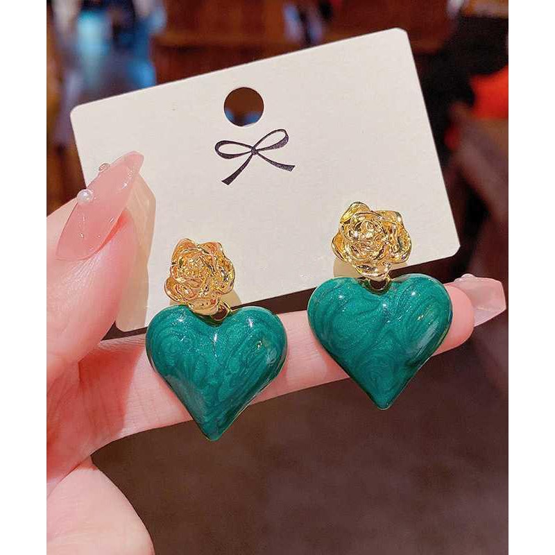 Unique Green Alloy Drip Glaze Rose Love Drop Earrings