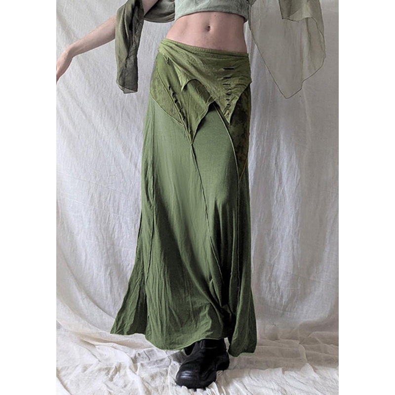 Vintage Green Asymmetrical Side Open Cotton Skirts Summer