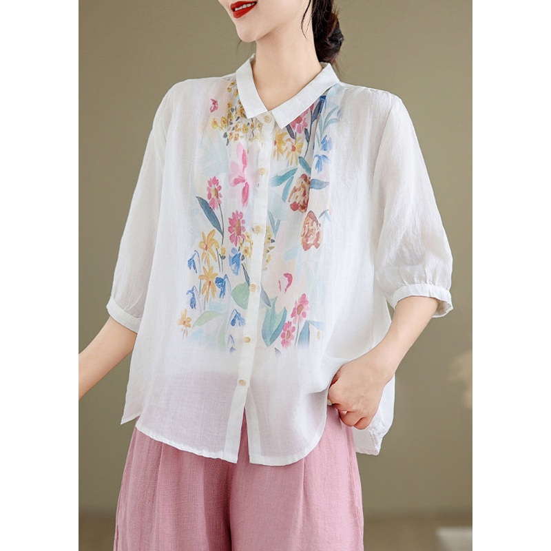 White Button Linen Shirt Peter Pan Collar Summer