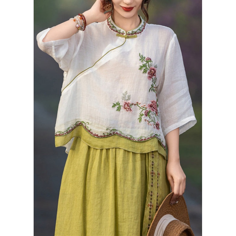 White Button Patchwork Linen Blouses Embroidered Summer