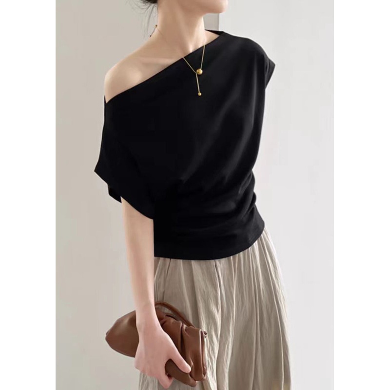 Women Black Slash Neck Solid Cotton T Shirt Summer