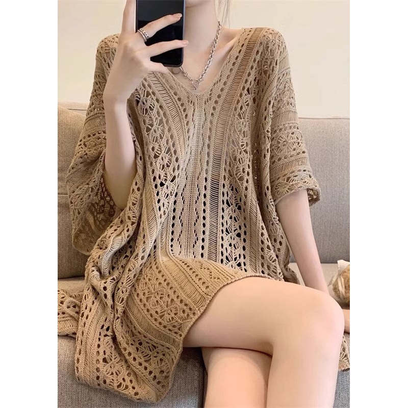 Women Khaki V Neck Hollow Out Knit Tops Half Sleeve