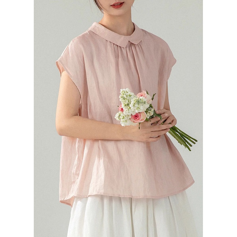 Women Pink Peter Pan Collar Button Solid Cotton Shirt Summer