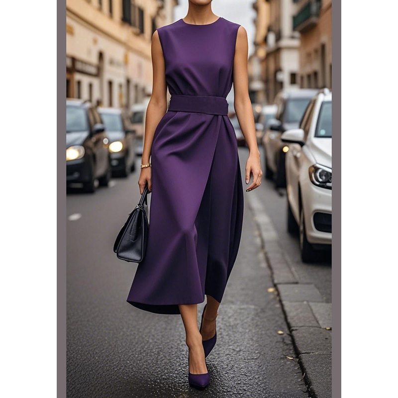 Women Purple O Neck Tie Waist Cotton Dress Sleeveless
