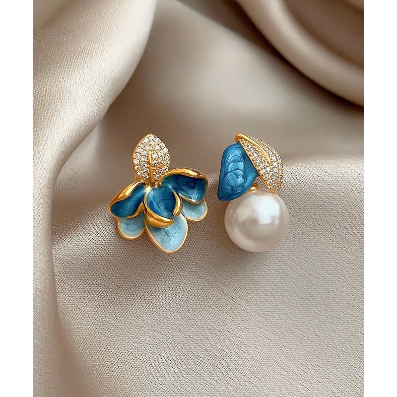 Beautiful BlueCopper Zircon Asymmetric Pearl Enamel Drop Glaze Stud Earrings