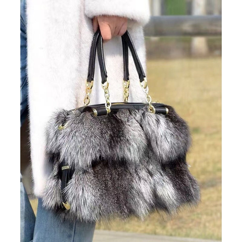European And American Style Fox Fur Large Capacity Tote Handbag