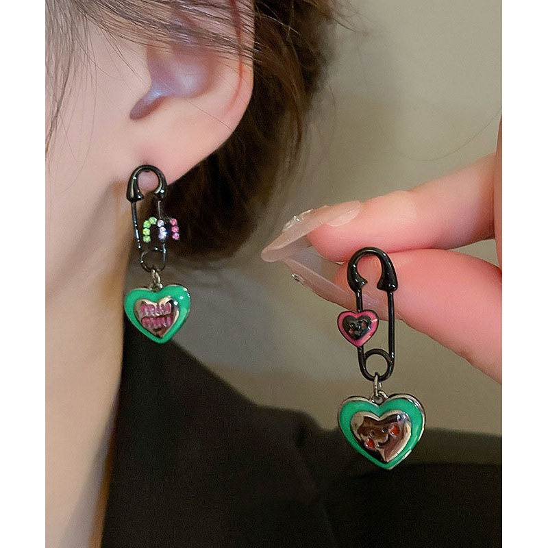 Women Green Alloy Zircon Graphic Love Drip Glaze Drop Earrings