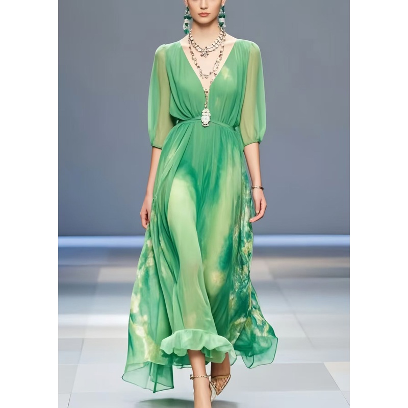 Women Lake Green Tie Dye Chiffon Long Dress Summer