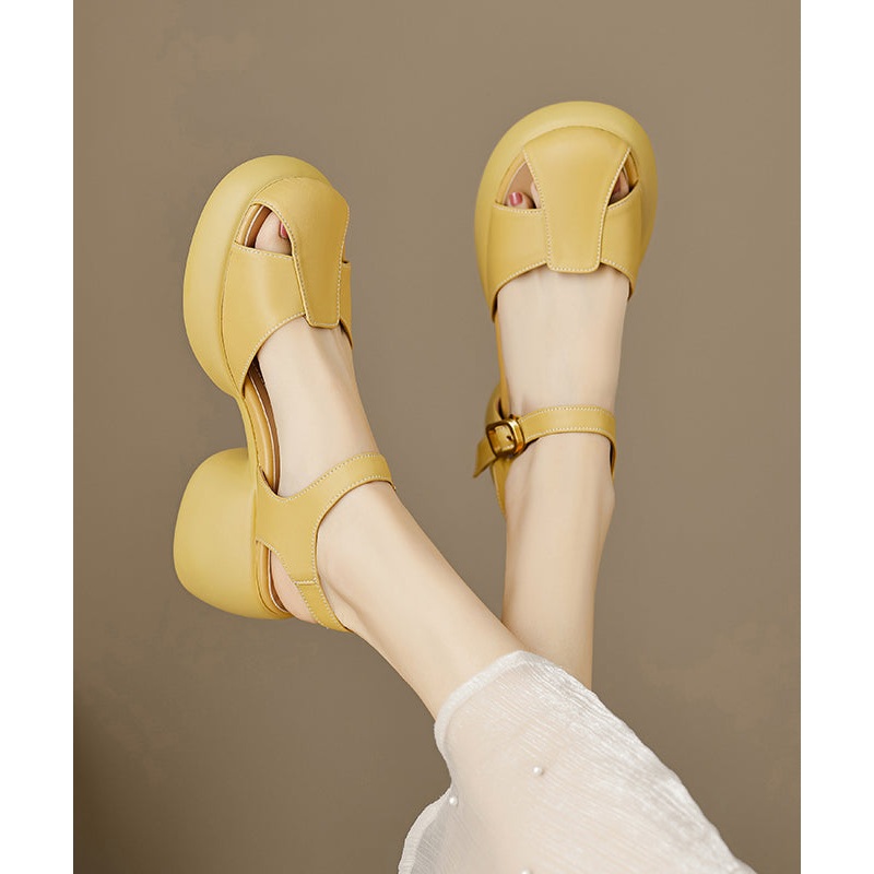 Boutique Splicing Chunky Sandals Yellow Sheepskin Buckle Strap