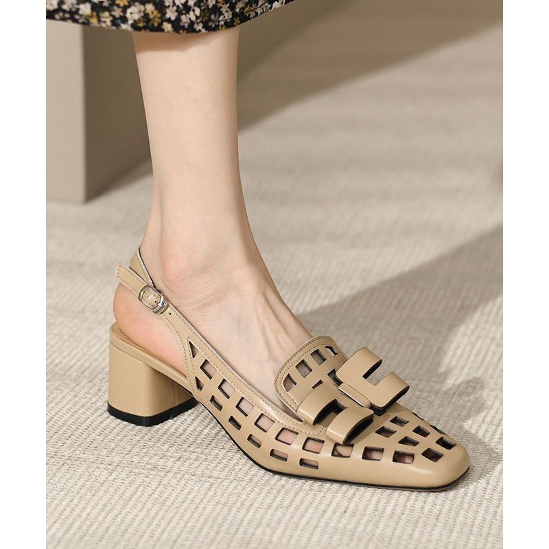 Classy Faux Leather Hollow Out Splicing Apricot Sandals