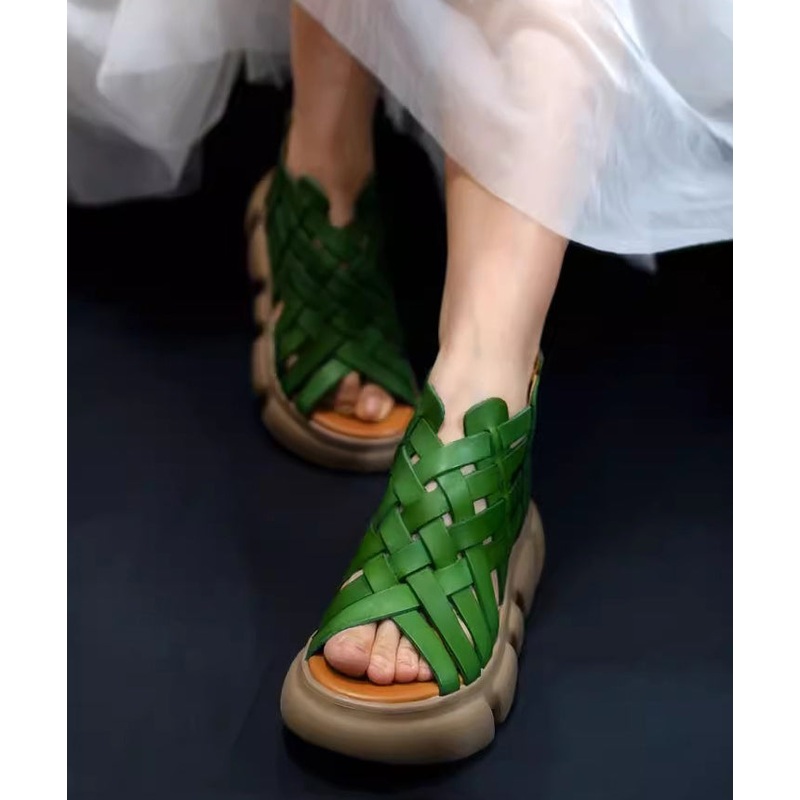 Cowhide Leather Splicing Green Hollow Out Sandals Peep Toe