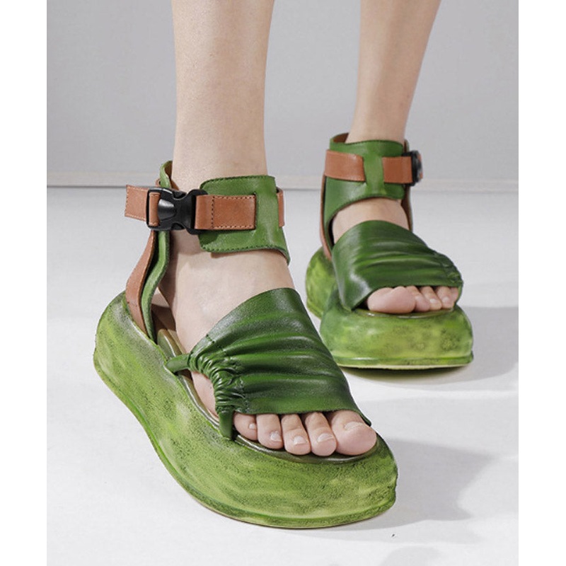 Green Platform Cowhide Leather Vintage Splicing Sandals